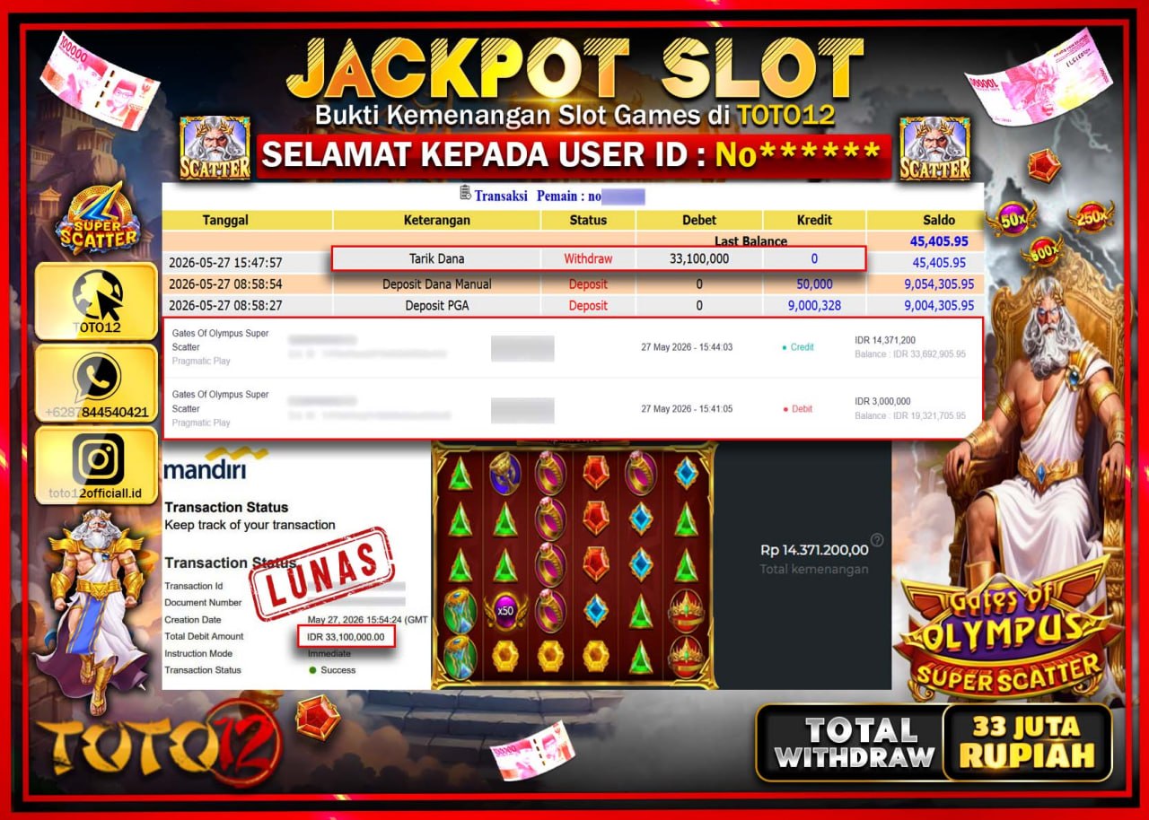 HANYA DI TOTO12 JP PASTI DI BAYAR LUNAS DAN CEPAT!!!!!! JACKPOT SLOT GAME (GATES OF OLYMPUS SUPER SCATTER) Rp33.100.000!!!!