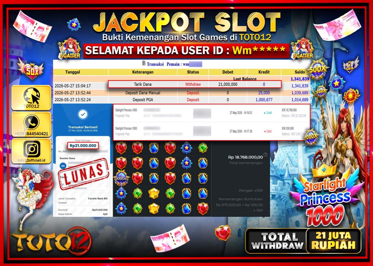 HANYA DI TOTO12 JP PASTI DI BAYAR LUNAS DAN CEPAT!!!!!! JACKPOT SLOT GAME (STARLIGHT PRINCESS 1000) Rp21.000.000!!!!