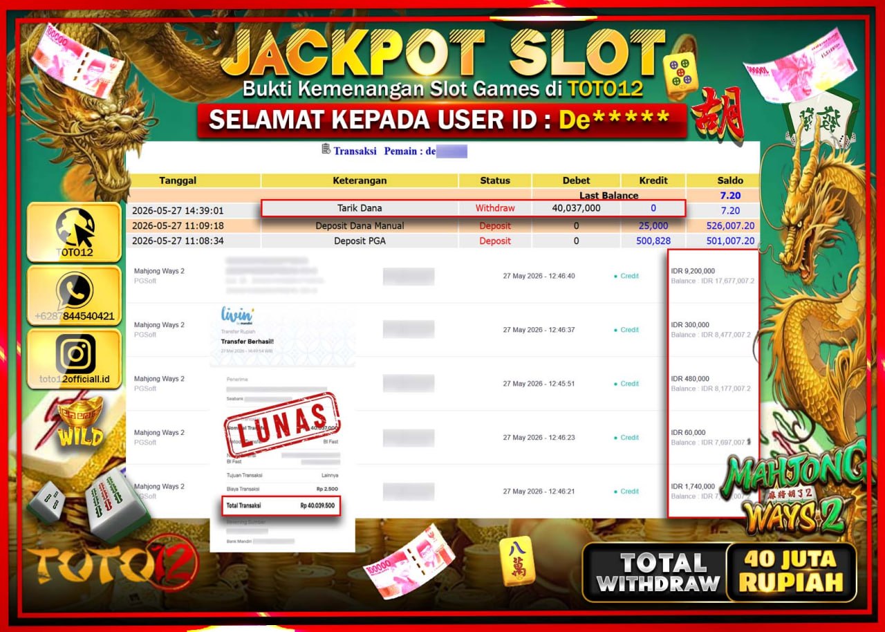 HANYA DI TOTO12 JP PASTI DI BAYAR LUNAS DAN CEPAT!!!!!! JACKPOT SLOT GAME (MAHJONG WAYS 2) Rp40.037.000!!!!