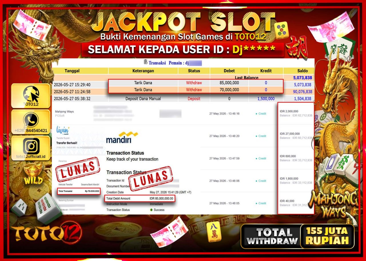 HANYA DI TOTO12 JP PASTI DI BAYAR LUNAS DAN CEPAT!!!!!! JACKPOT SLOT GAME (MAHJONG WAYS) Rp155.000.000!!!!