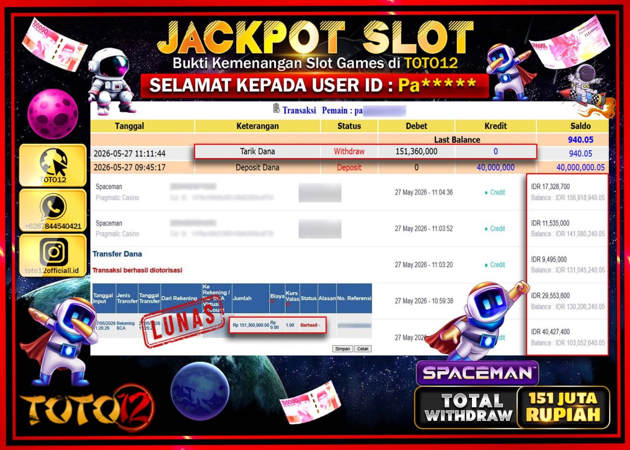 HANYA DI TOTO12 JP PASTI DI BAYAR LUNAS DAN CEPAT!!!!!! JACKPOT SLOT GAME (SPACEMAN) Rp151.360.000!!!!
