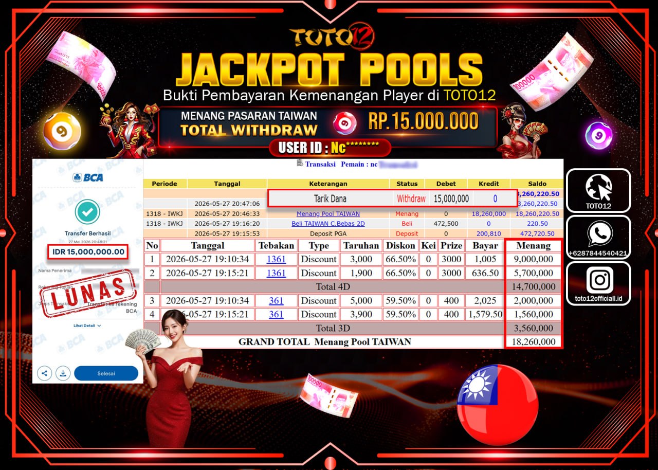 HANYA DI TOTO12 JP PASTI DI BAYAR LUNAS DAN CEPAT!!!!!! JACKPOT POOLS PASARAN (TAIWAN) Rp15.000.000!!!!