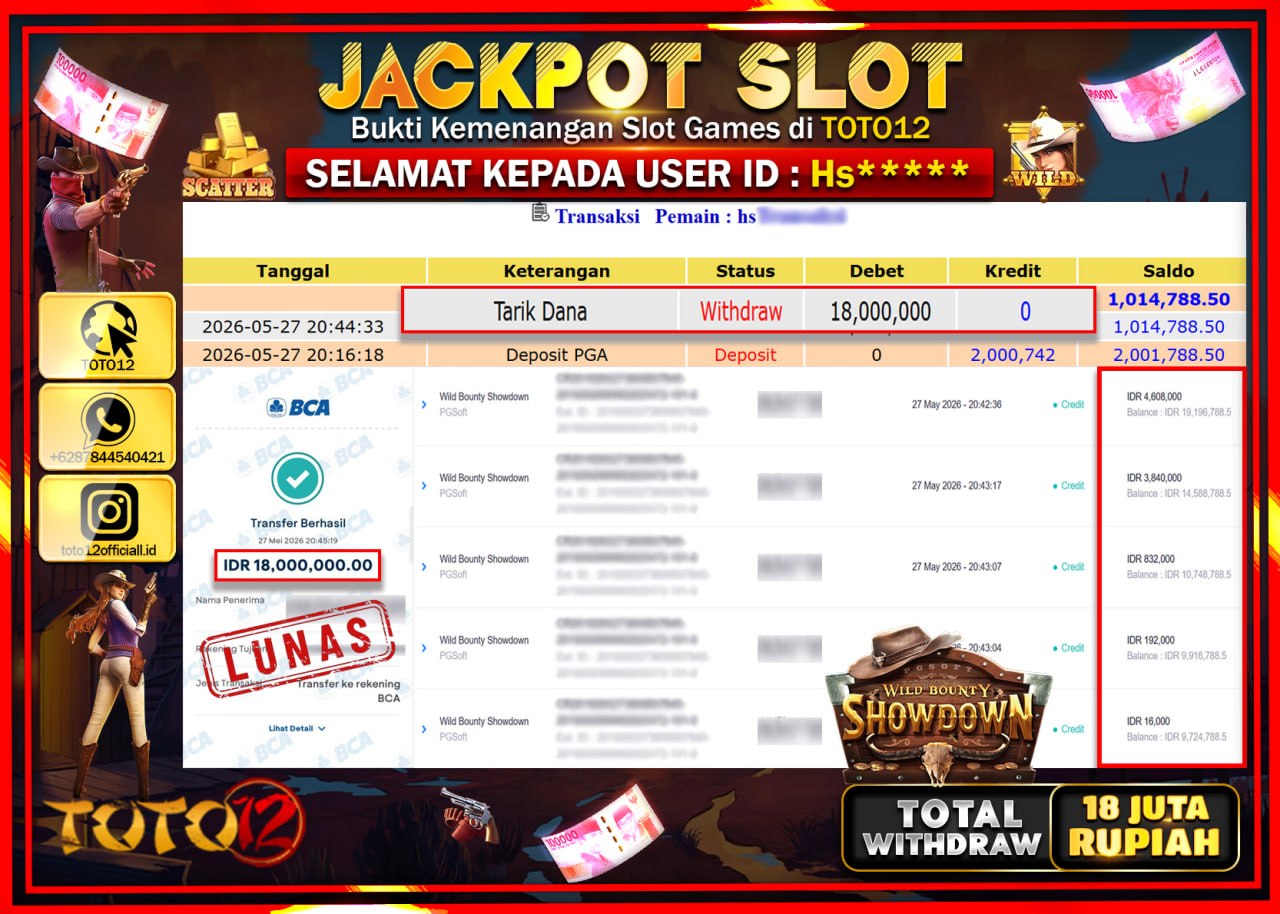 HANYA DI TOTO12 JP PASTI DI BAYAR LUNAS DAN CEPAT!!!!!! JACKPOT SLOT GAME (WILD BOUNTY SHOWDOWN) Rp18.000.000!!!!