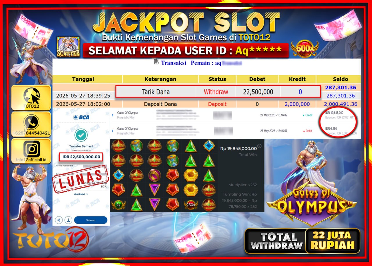 HANYA DI TOTO12 JP PASTI DI BAYAR LUNAS DAN CEPAT!!!!!! JACKPOT SLOT GAME (GATES OF OLYMPUS) Rp22.500.000!!!!
