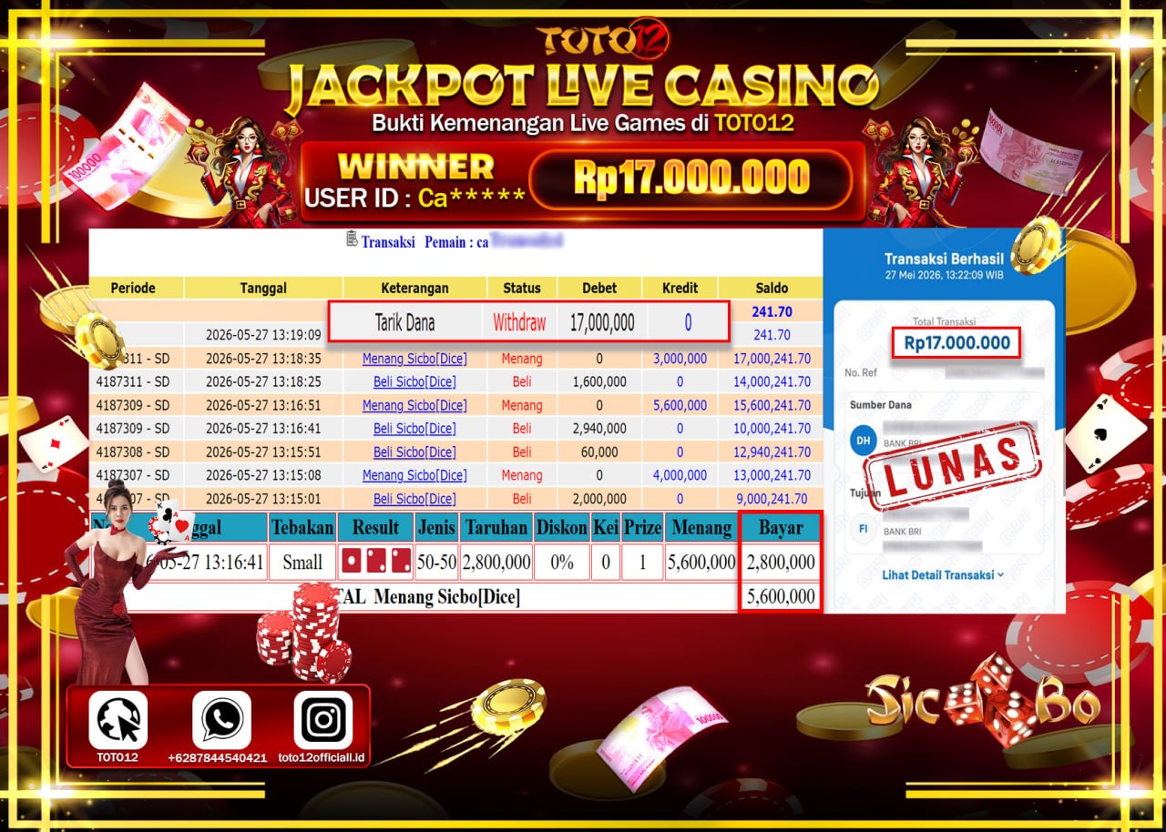 HANYA DI TOTO12 JP PASTI DI BAYAR LUNAS DAN CEPAT!!!!!! JACKPOT  LIVE GAME CASINO (SICBO DICE) Rp17.000.000!!!!