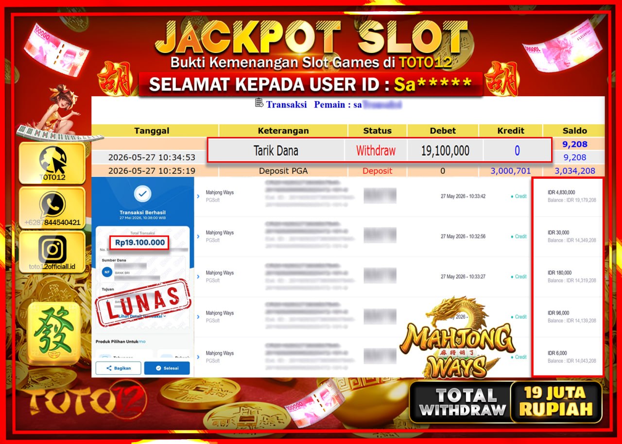 HANYA DI TOTO12 JP PASTI DI BAYAR LUNAS DAN CEPAT!!!!!! JACKPOT SLOT GAME (MAHJONG WAYS) Rp19.100.000!!!!