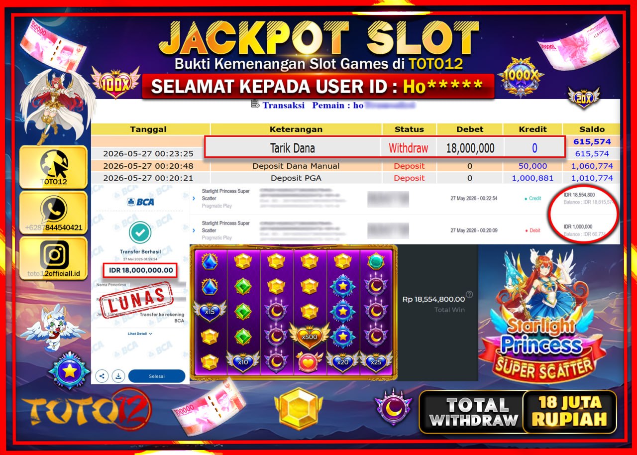 HANYA DI TOTO12 JP PASTI DI BAYAR LUNAS DAN CEPAT!!!!!! JACKPOT SLOT GAME (STARLIGHT PRINCESS SUPER SCATTER) Rp18.000.000!!!!