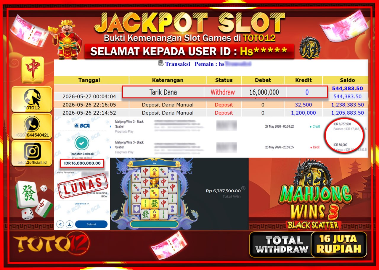 HANYA DI TOTO12 JP PASTI DI BAYAR LUNAS DAN CEPAT!!!!!! JACKPOT SLOT GAME (MAHJONG WINS 3 BLACK SCATTER) Rp16.000.000!!!!