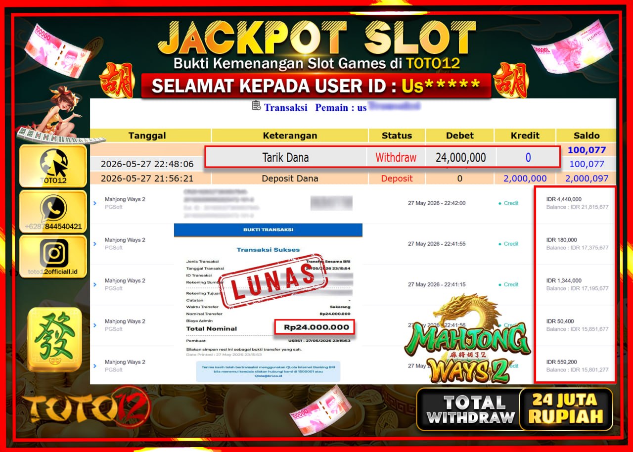 HANYA DI TOTO12 JP PASTI DI BAYAR LUNAS DAN CEPAT!!!!!! JACKPOT SLOT GAME (MAHJONG WAYS 2) Rp24.000.000!!!!