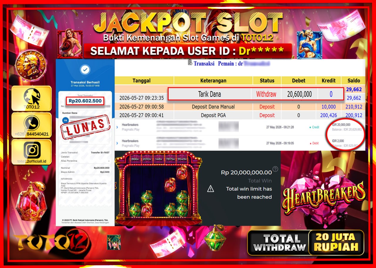 HANYA DI TOTO12 JP PASTI DI BAYAR LUNAS DAN CEPAT!!!!!! JACKPOT SLOT GAME (HEARTBREAKERS) Rp20.600.000!!!!