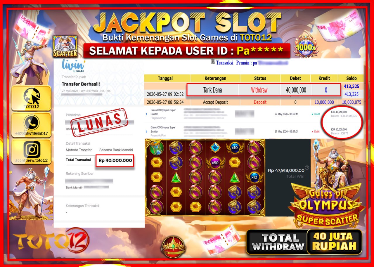 HANYA DI TOTO12 JP PASTI DI BAYAR LUNAS DAN CEPAT!!!!!! JACKPOT SLOT GAME (GATES OF OLYMPUS SUPER SCATTER) Rp40.000.000!!!!