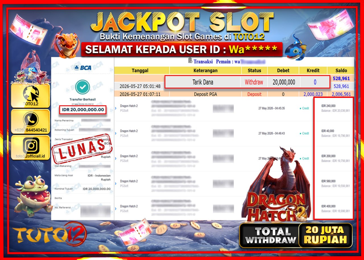 HANYA DI TOTO12 JP PASTI DI BAYAR LUNAS DAN CEPAT!!!!!! JACKPOT SLOT GAME (DRAGON HATCH) Rp20.000.000!!!!