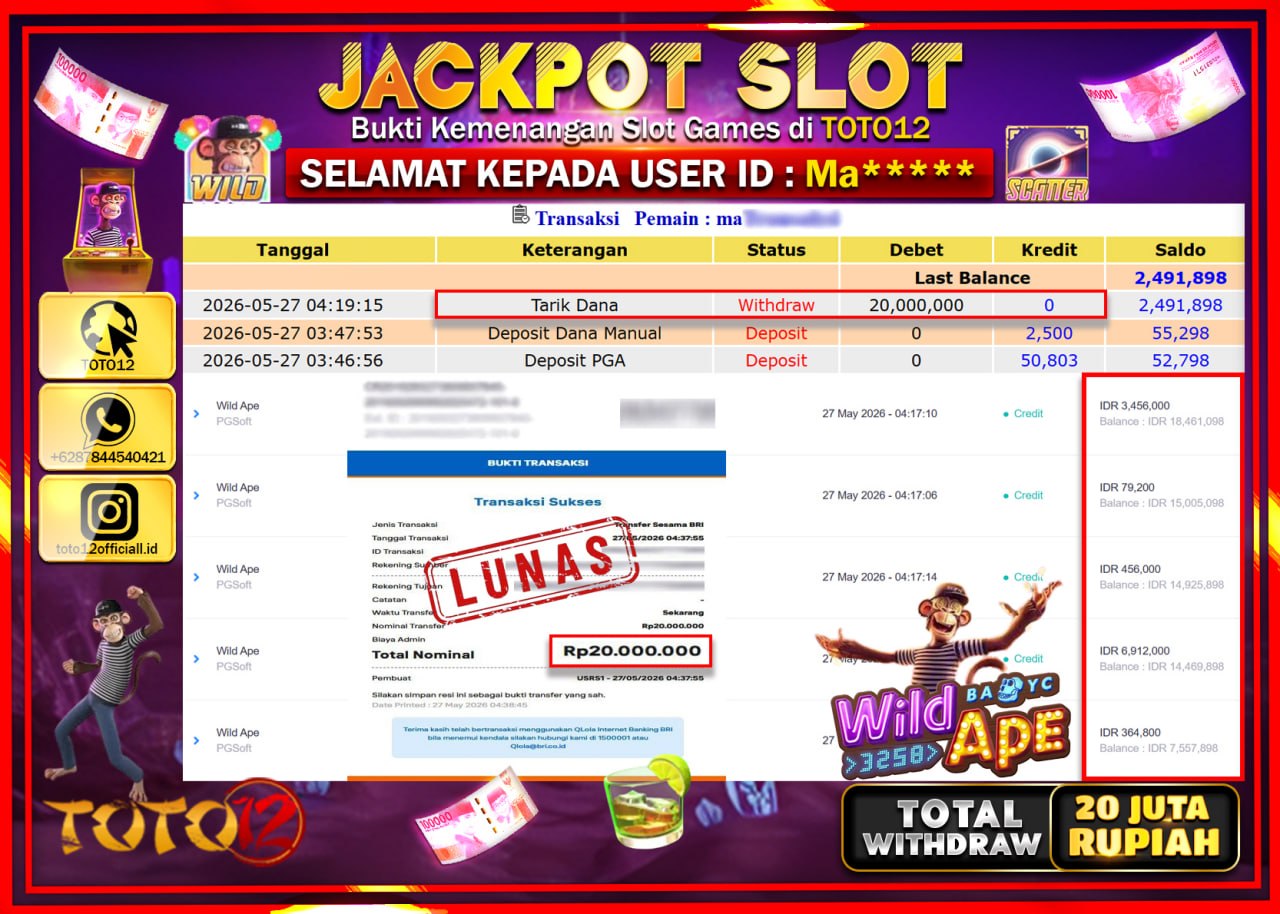 HANYA DI TOTO12 JP PASTI DI BAYAR LUNAS DAN CEPAT!!!!!! JACKPOT SLOT GAME (WILD APE) Rp20.000.000!!!!