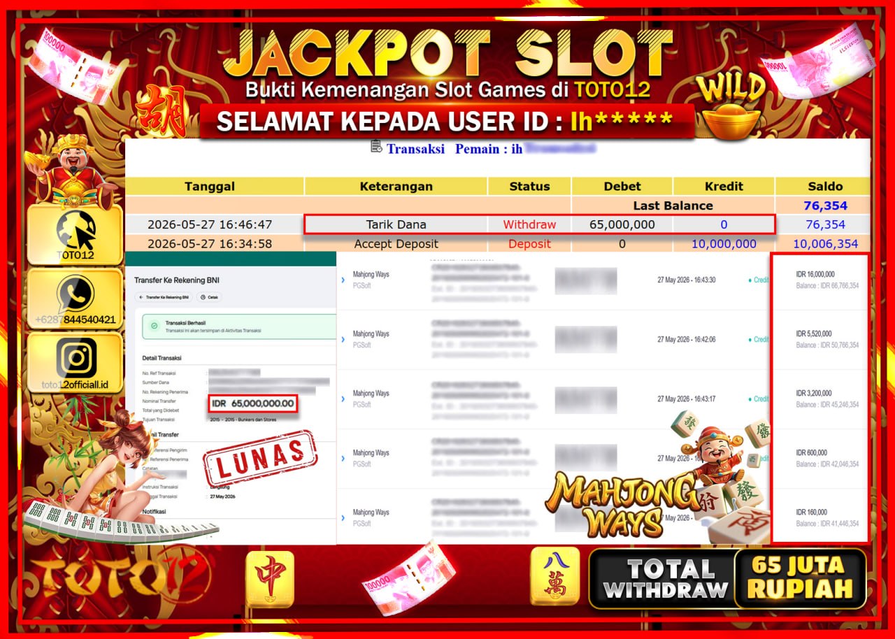 HANYA DI TOTO12 JP PASTI DI BAYAR LUNAS DAN CEPAT!!!!!! JACKPOT SLOT GAME (MAHJONG WAYS) Rp65.000.000!!!!