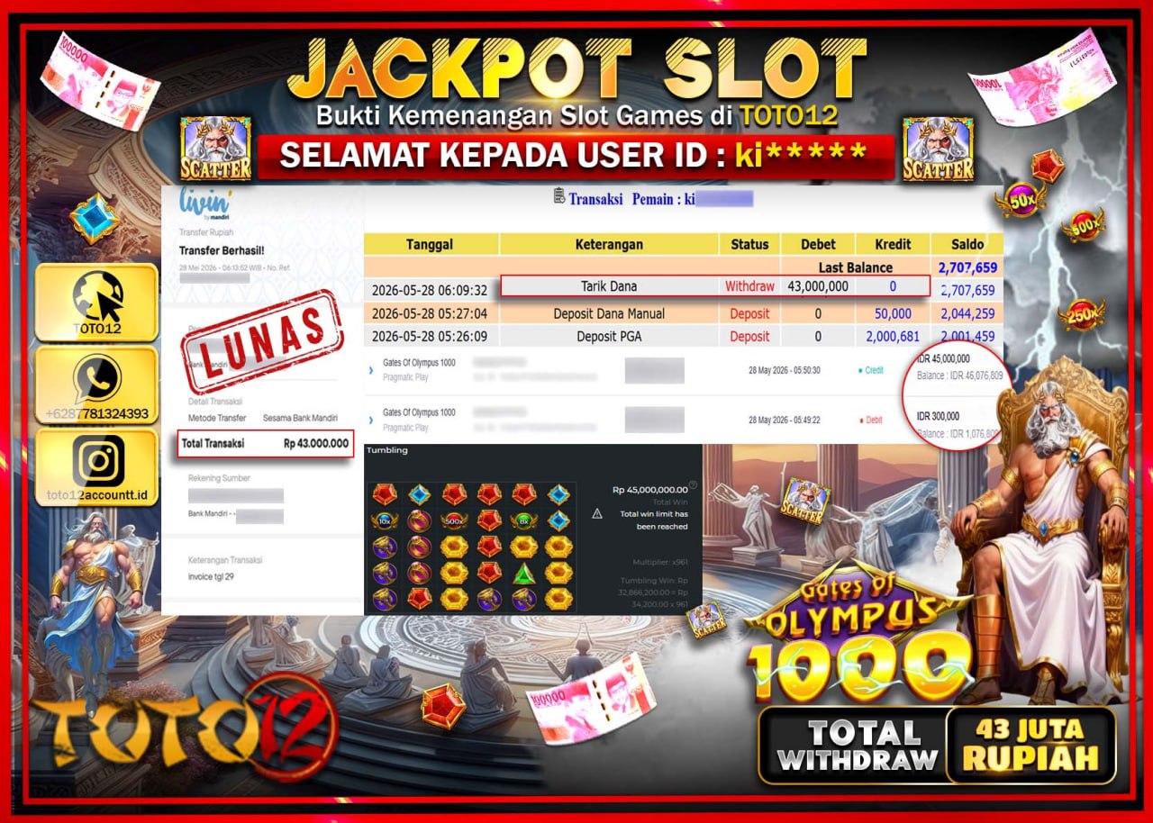 HANYA DI TOTO12 JP PASTI DI BAYAR LUNAS DAN CEPAT!!!!!! JACKPOT SLOT GAME (GATES OF OLYMPUS 1000) Rp43.000.000!!!!