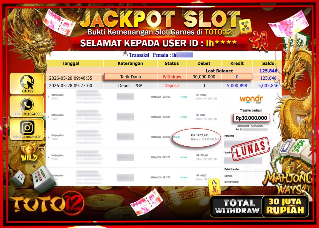 HANYA DI TOTO12 JP PASTI DI BAYAR LUNAS DAN CEPAT!!!!!! JACKPOT SLOT GAME (MAHJONG WAYS) Rp30.000.000!!!!