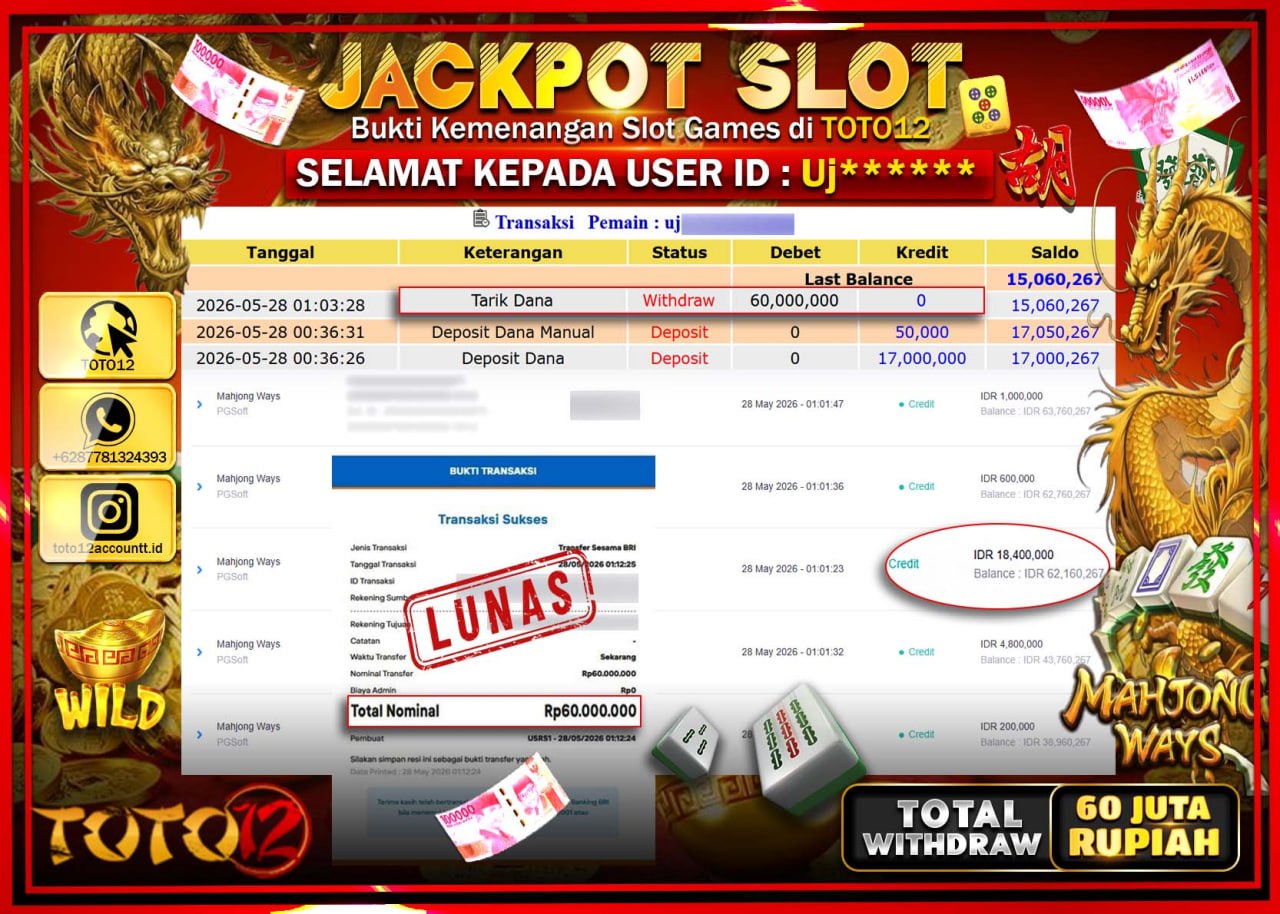 HANYA DI TOTO12 JP PASTI DI BAYAR LUNAS DAN CEPAT!!!!!! JACKPOT SLOT GAME (MAHJONG WAYS) Rp60.000.000!!!!