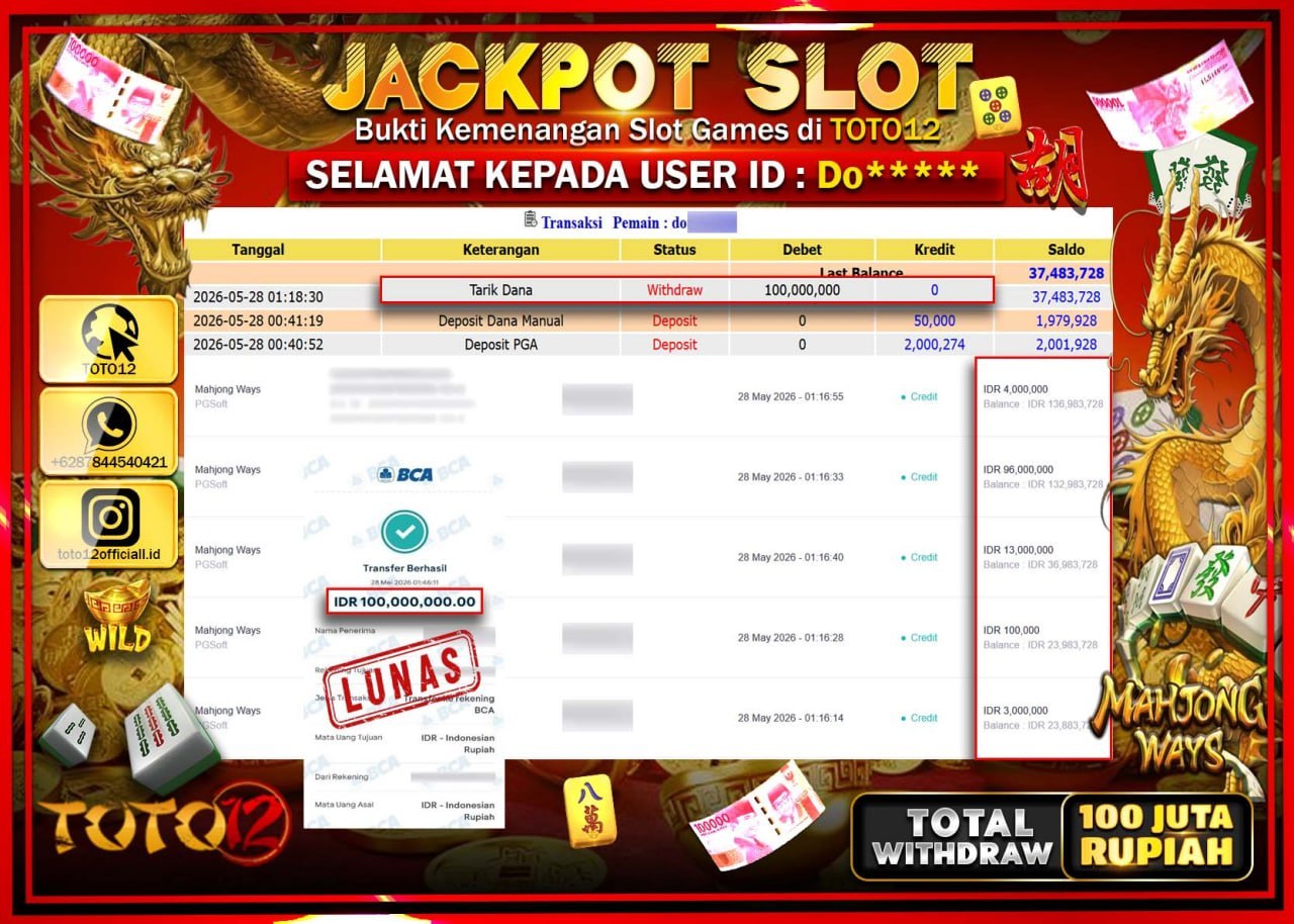 HANYA DI TOTO12 JP PASTI DI BAYAR LUNAS DAN CEPAT!!!!!! JACKPOT SLOT GAME (MAHJONG WAYS) Rp100.000.000!!!!