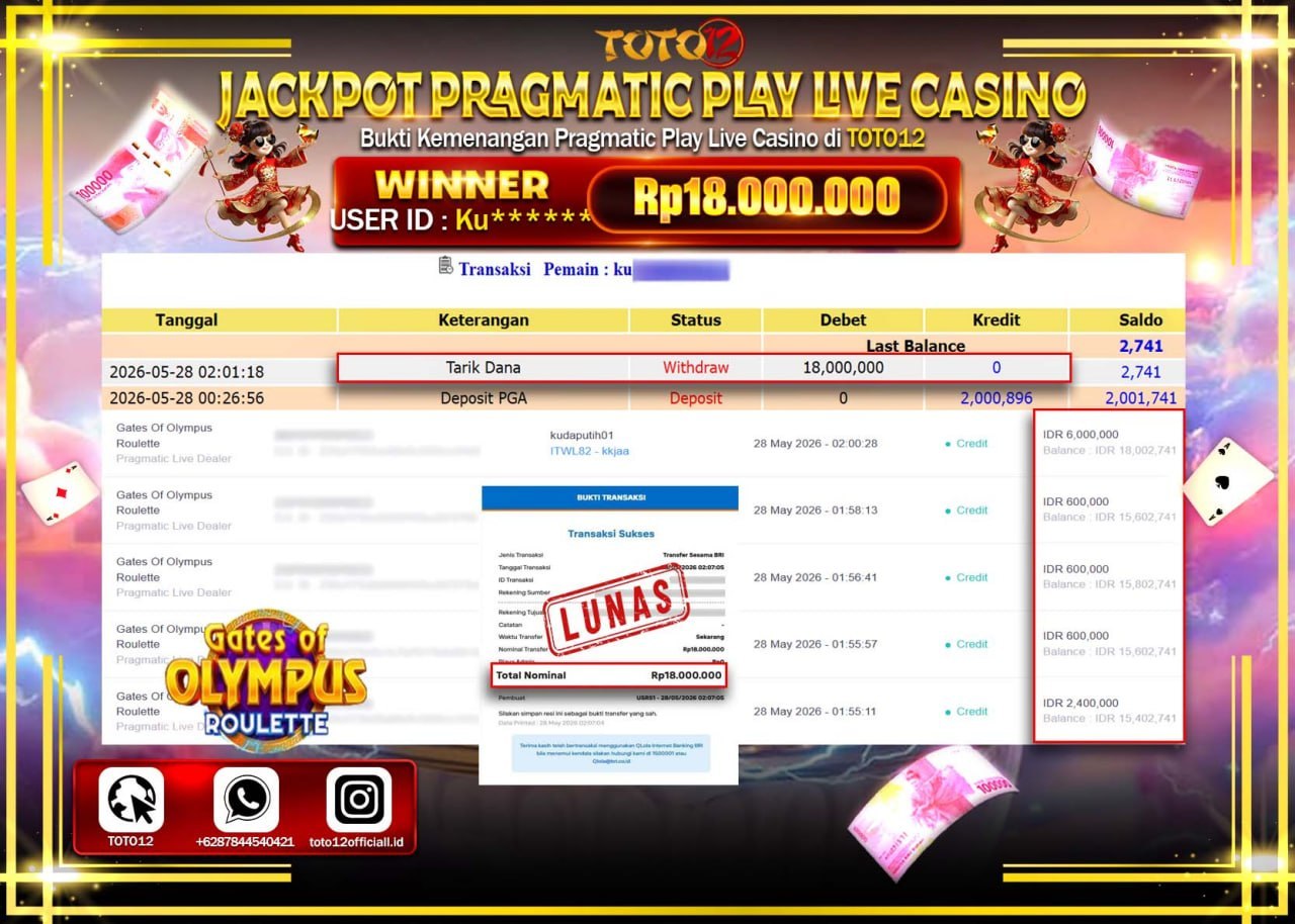 HANYA DI TOTO12 JP PASTI DI BAYAR LUNAS DAN CEPAT!!!!!! JACKPOT PRAGMATIC PLAY LIVE GAME CASINO (GATES OF OLYMPUS ROULETTE) Rp18.000.000!!!!