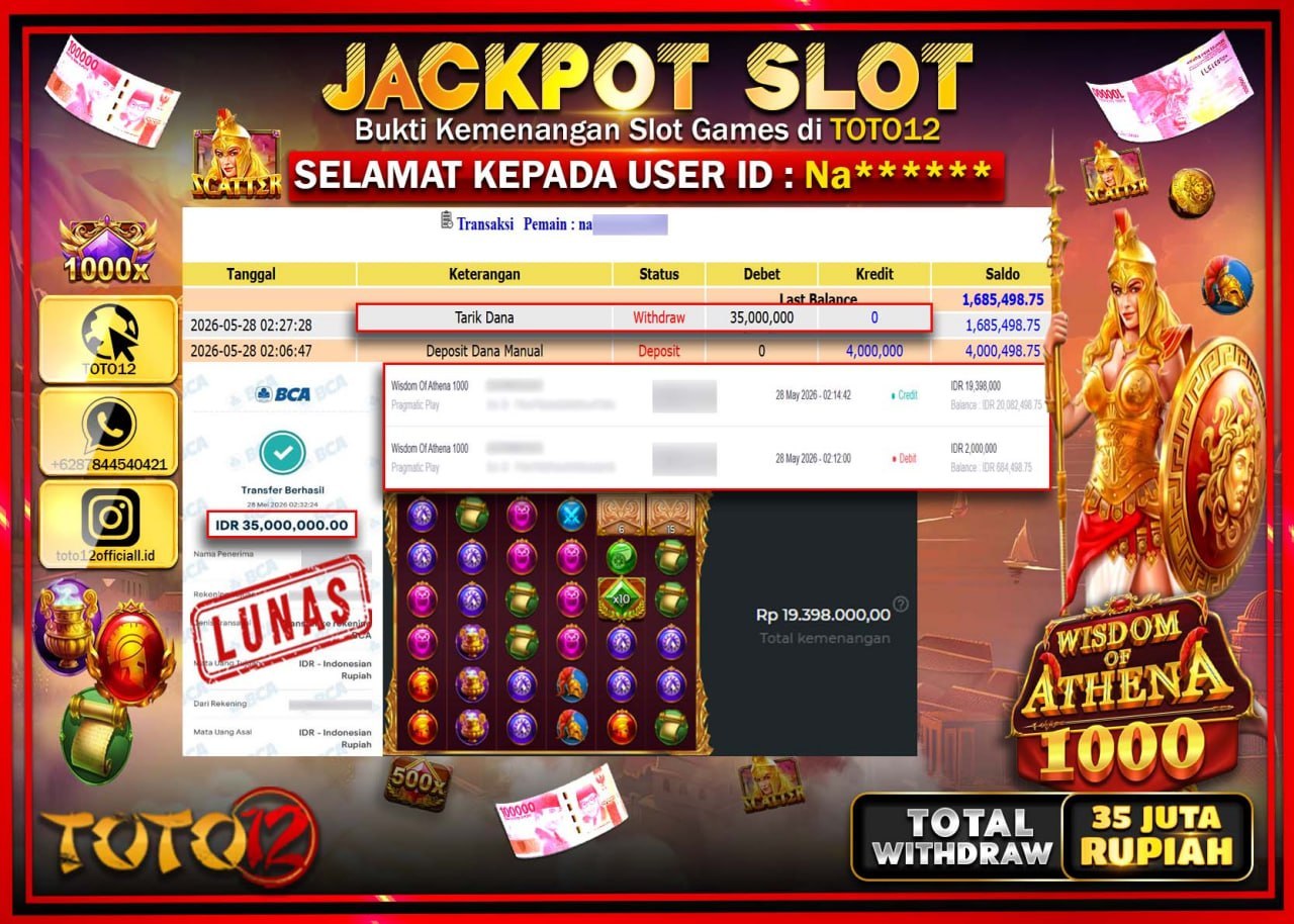 HANYA DI TOTO12 JP PASTI DI BAYAR LUNAS DAN CEPAT!!!!!! JACKPOT SLOT GAME (WISDOM OF ATHENA 1000) Rp35.000.000!!!!