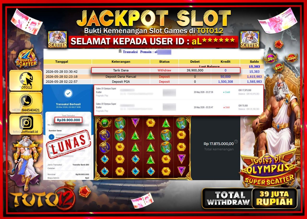 HANYA DI TOTO12 JP PASTI DI BAYAR LUNAS DAN CEPAT!!!!!! JACKPOT SLOT GAME (GATES OF OLYMPUS SUPER SCATTER) Rp39.900.000!!!!