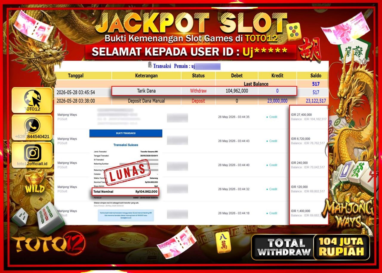 HANYA DI TOTO12 JP PASTI DI BAYAR LUNAS DAN CEPAT!!!!!! JACKPOT SLOT GAME (MAHJONG WAYS) Rp104.962.000!!!!