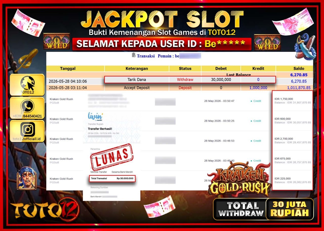 HANYA DI TOTO12 JP PASTI DI BAYAR LUNAS DAN CEPAT!!!!!! JACKPOT SLOT GAME (KRAKEN GOLD RUSH) Rp30.000.000!!!!