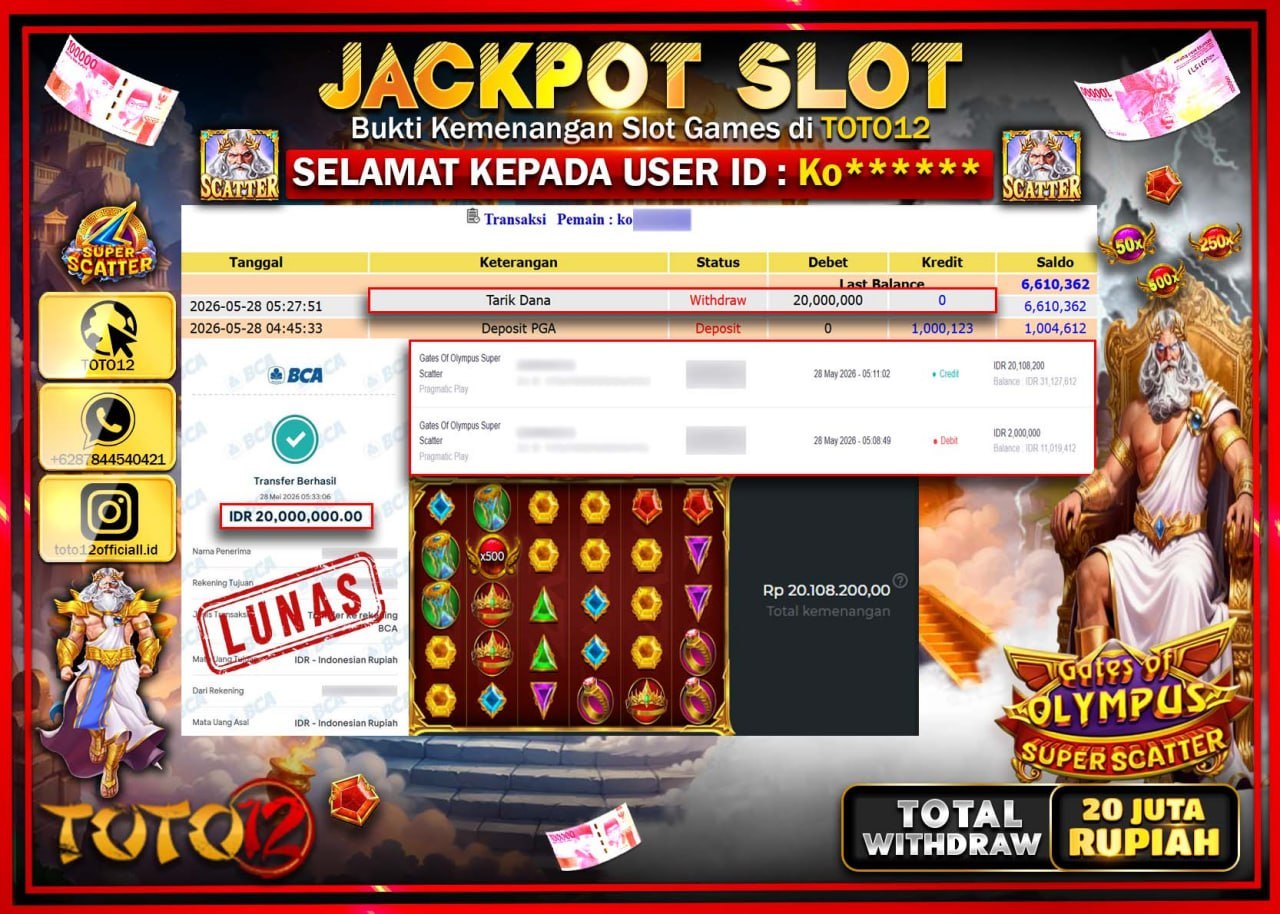 HANYA DI TOTO12 JP PASTI DI BAYAR LUNAS DAN CEPAT!!!!!! JACKPOT SLOT GAME (GATES OF OLYMPUS SUPER SCATTER) Rp20.000.000!!!!