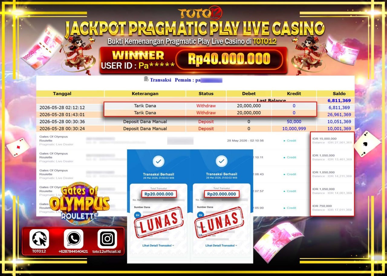 HANYA DI TOTO12 JP PASTI DI BAYAR LUNAS DAN CEPAT!!!!!! JACKPOT PRAGMATIC PLAY LIVE GAME CASINO (GATES OF OLYMPUS ROULETTE) Rp40.000.000!!!!