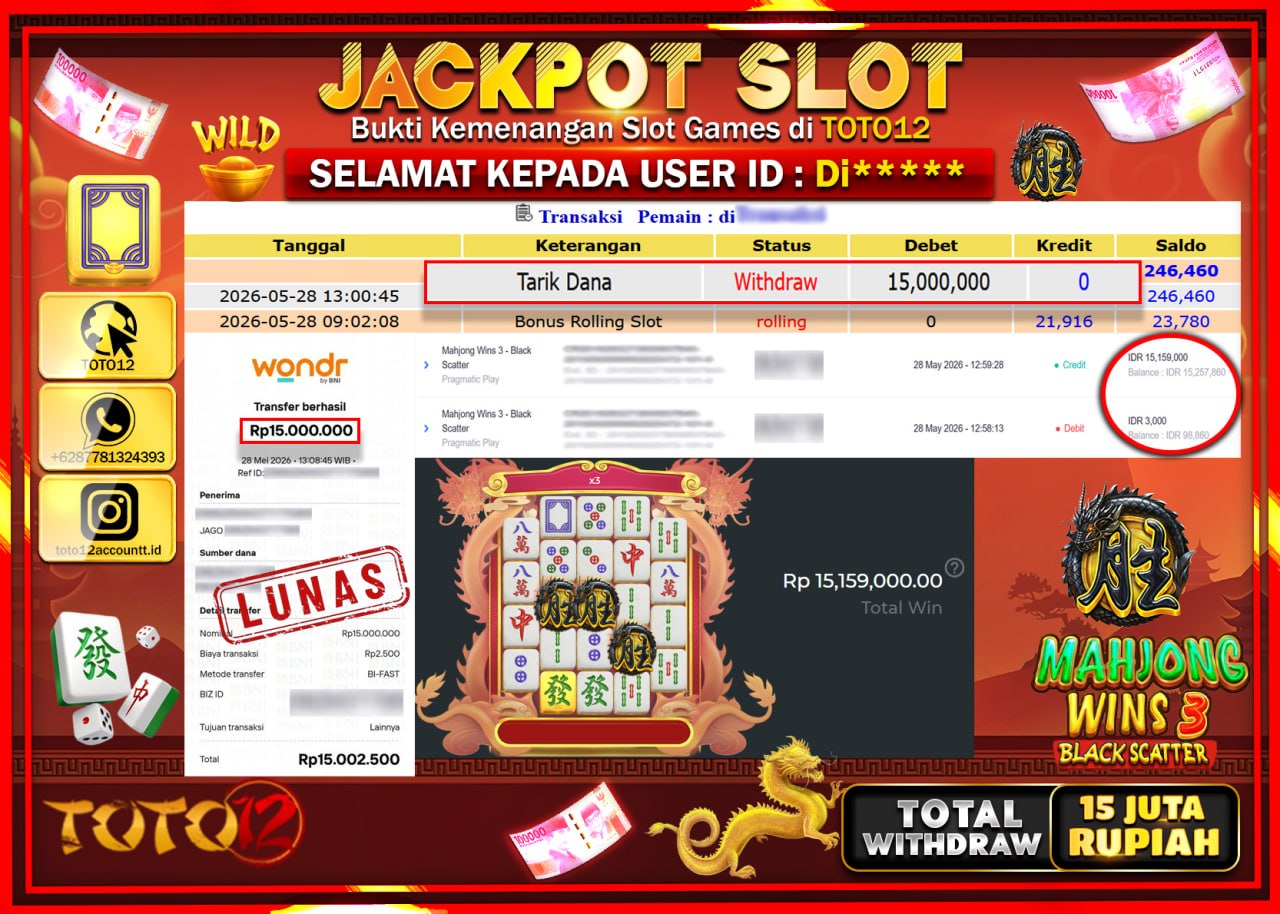 HANYA DI TOTO12 JP PASTI DI BAYAR LUNAS DAN CEPAT!!!!!! JACKPOT SLOT GAME (MAHJONG WINS 3 BLACK SCATTER) Rp15.000.000!!!!