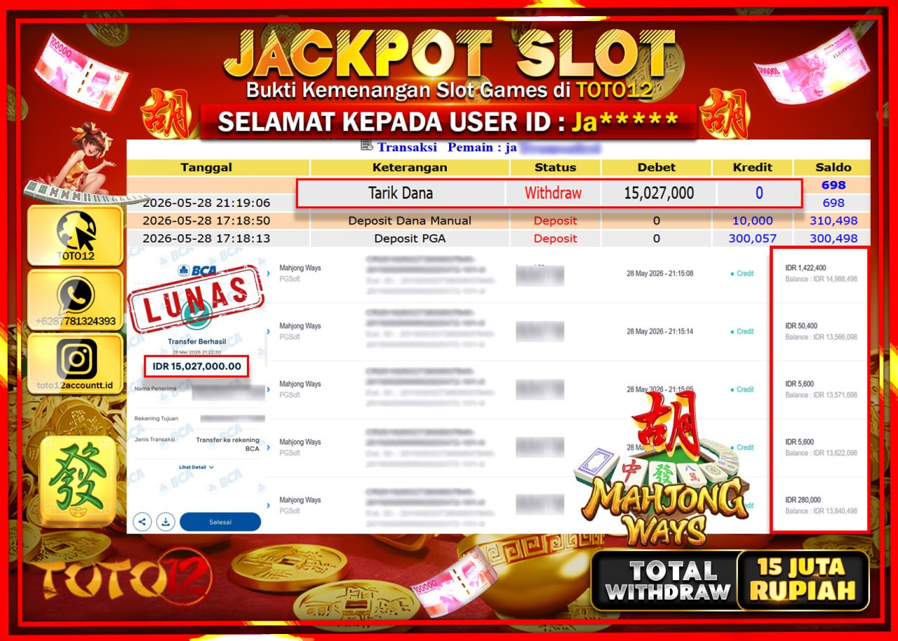 HANYA DI TOTO12 JP PASTI DI BAYAR LUNAS DAN CEPAT!!!!!! JACKPOT SLOT GAME (MAHJONG WAYS) Rp15.027.000!!!!