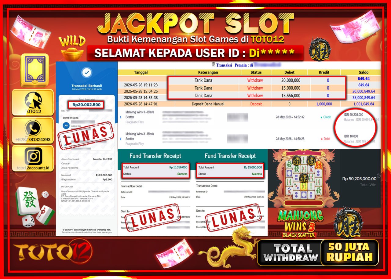 HANYA DI TOTO12 JP PASTI DI BAYAR LUNAS DAN CEPAT!!!!!! JACKPOT SLOT GAME (MAHJONG WINS 3 BLACK SCATTER) Rp50.556.000!!!!