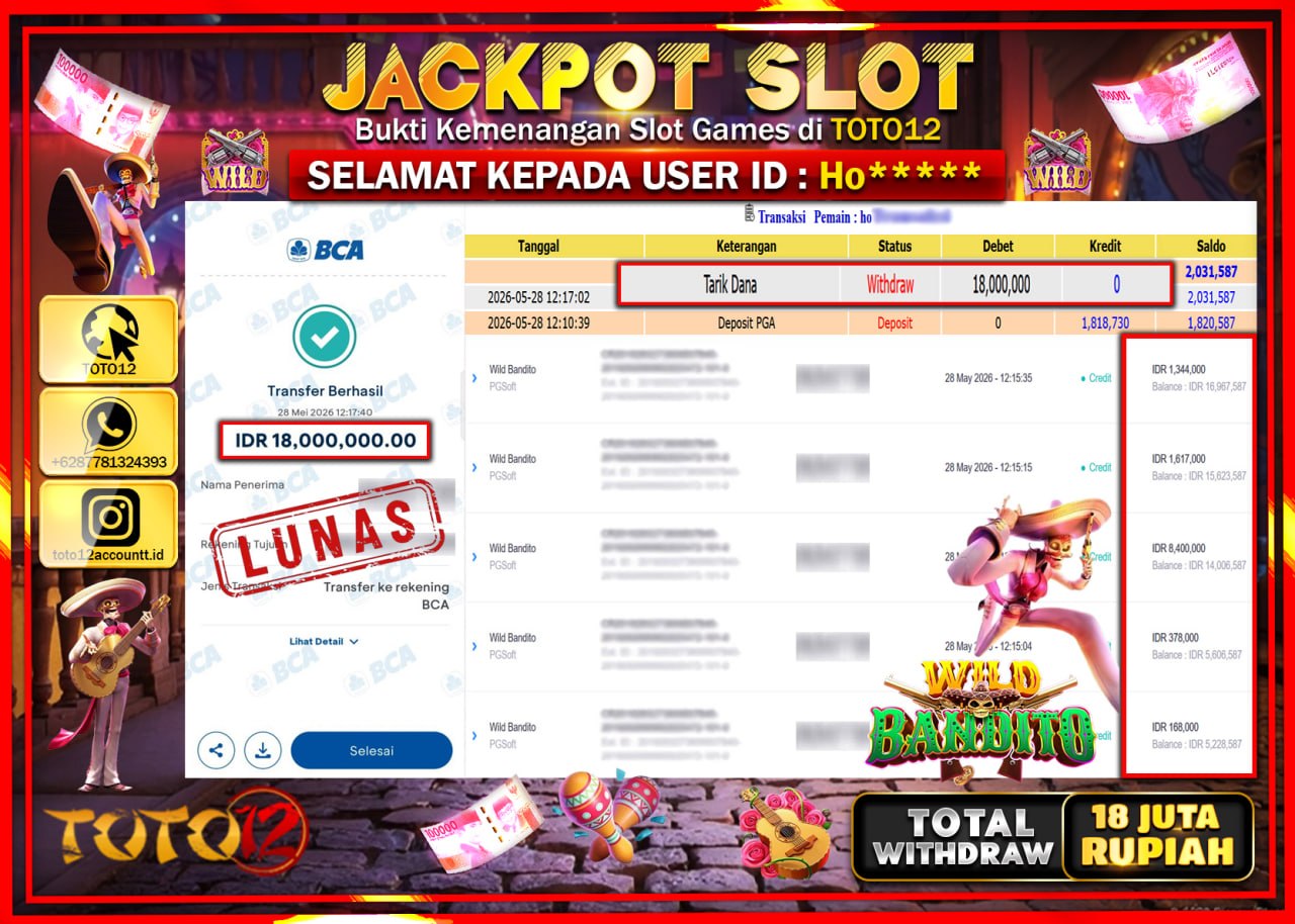 HANYA DI TOTO12 JP PASTI DI BAYAR LUNAS DAN CEPAT!!!!!! JACKPOT SLOT GAME (WILD BANDITO) Rp18.000.000!!!!