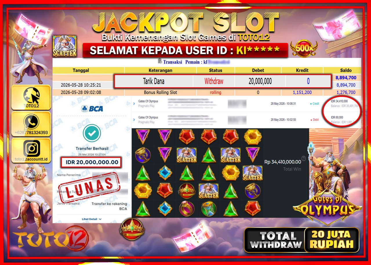HANYA DI TOTO12 JP PASTI DI BAYAR LUNAS DAN CEPAT!!!!!! JACKPOT SLOT GAME (GATES OF OLYMPUS) Rp20.000.000!!!!