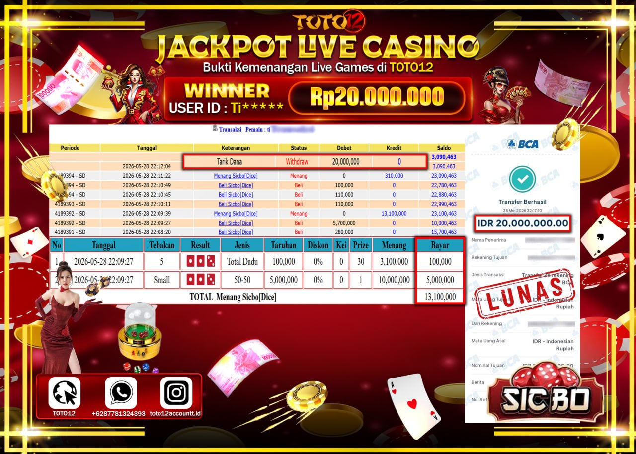 HANYA DI TOTO12 JP PASTI DI BAYAR LUNAS DAN CEPAT!!!!!! JACKPOT  LIVE GAME CASINO (SICBO DICE) Rp20.000.000!!!!