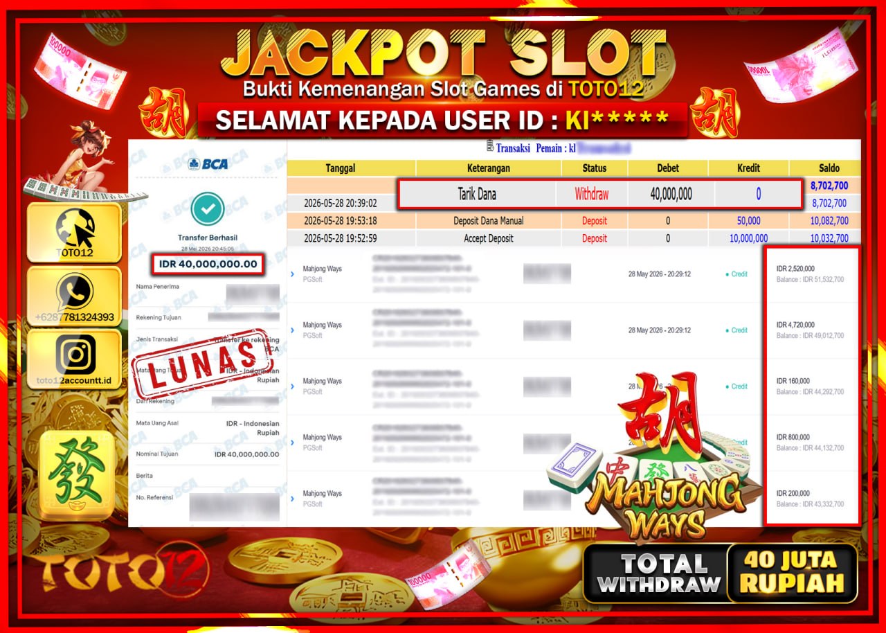 HANYA DI TOTO12 JP PASTI DI BAYAR LUNAS DAN CEPAT!!!!!! JACKPOT SLOT GAME (MAHJONG WAYS) Rp40.000.000!!!!