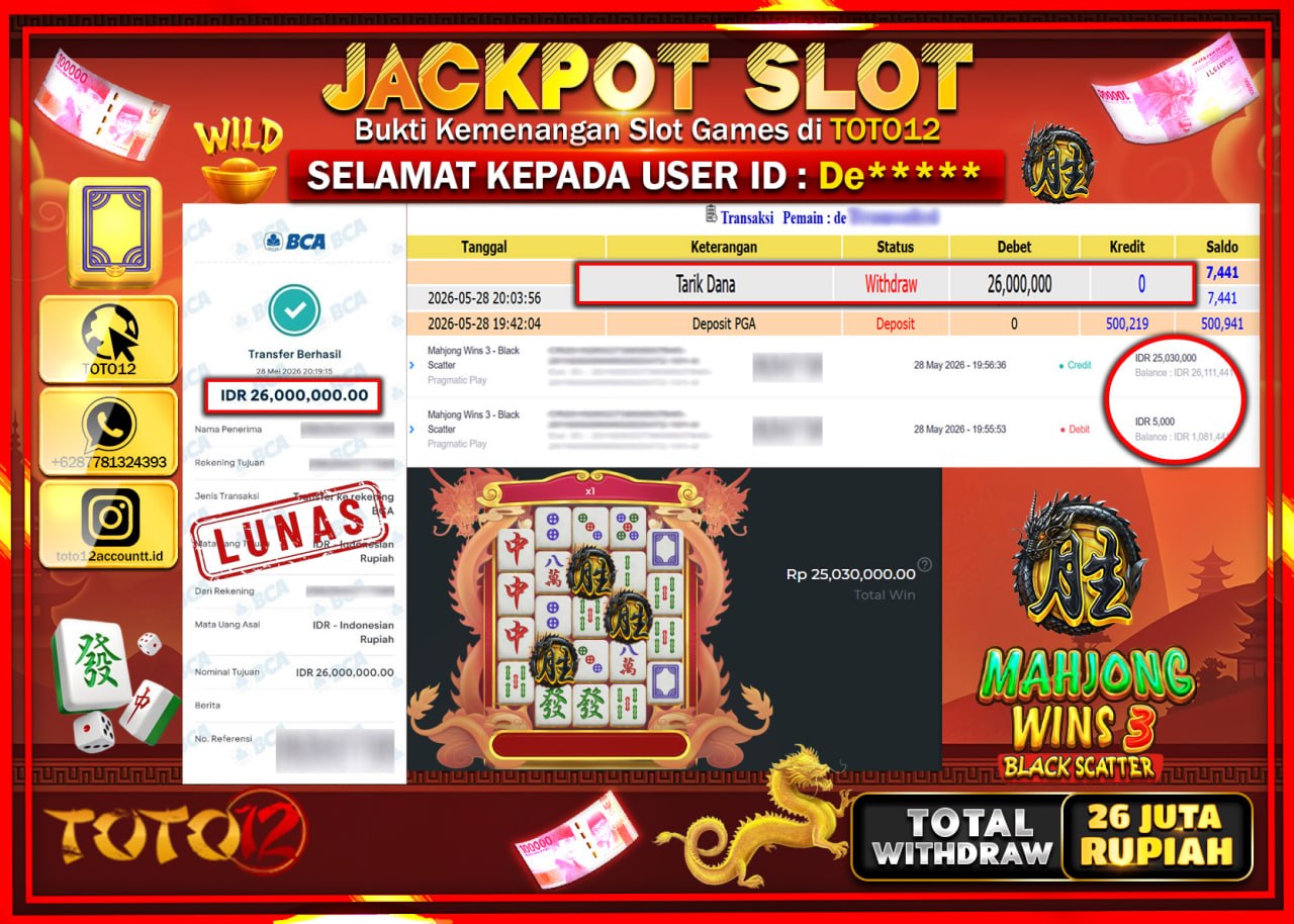 HANYA DI TOTO12 JP PASTI DI BAYAR LUNAS DAN CEPAT!!!!!! JACKPOT SLOT GAME (MAHJONG WINS 3 BLACK SCATTER) Rp26.000.000!!!!