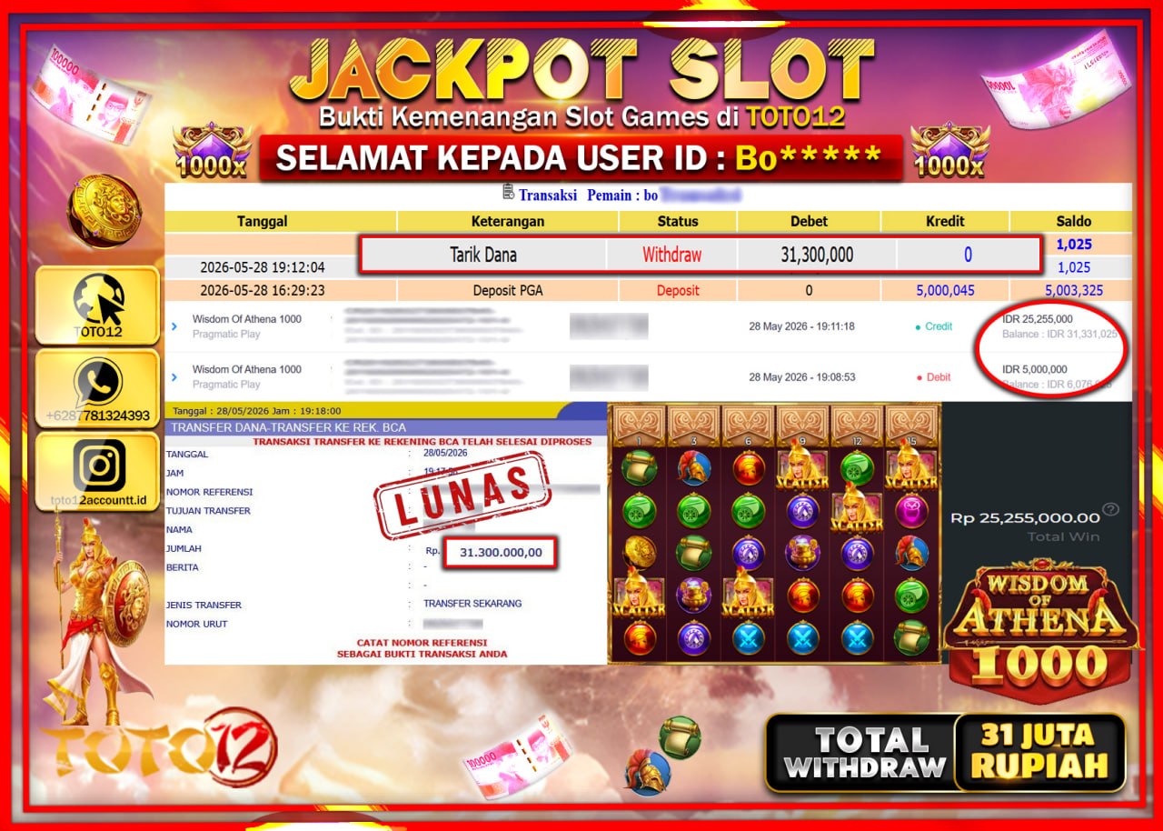 HANYA DI TOTO12 JP PASTI DI BAYAR LUNAS DAN CEPAT!!!!!! JACKPOT SLOT GAME (WISDOM OF ATHENA 1000) Rp31.300.000!!!!