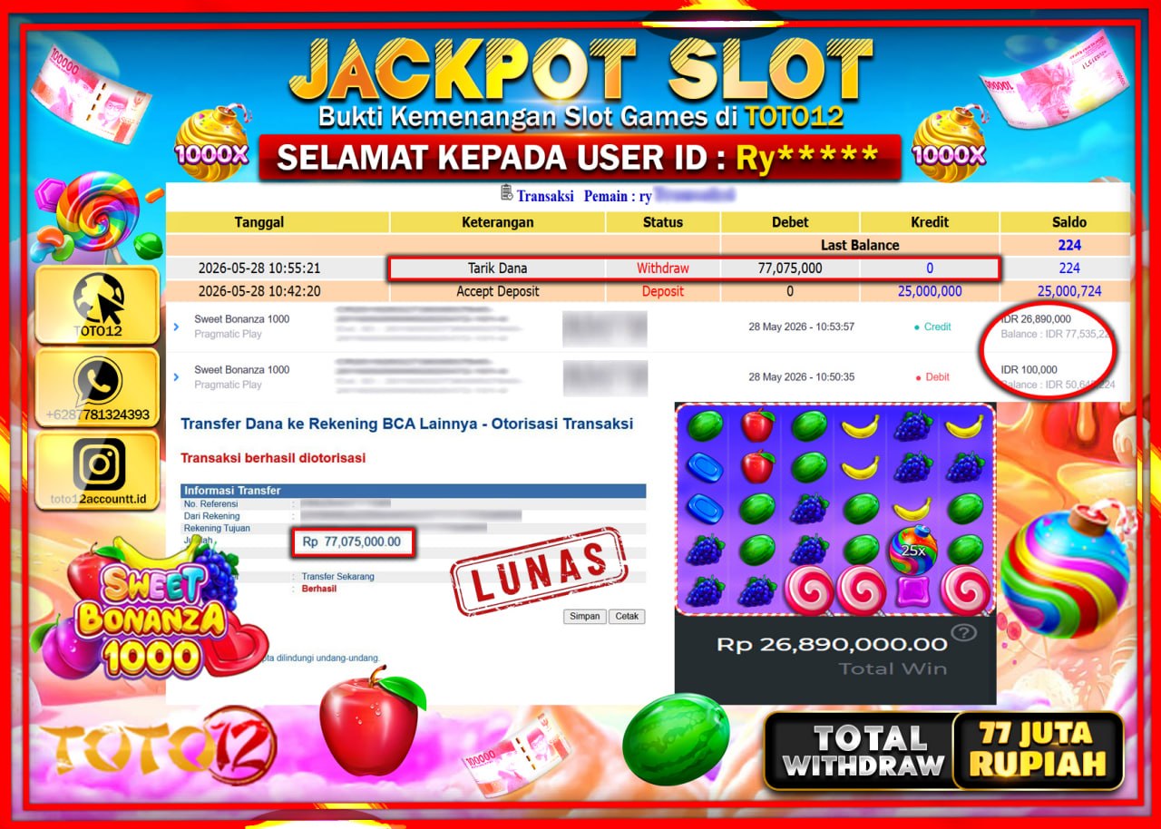 HANYA DI TOTO12 JP PASTI DI BAYAR LUNAS DAN CEPAT!!!!!! JACKPOT SLOT GAME (SWEET BONANZA 1000) Rp77.075.000!!!!