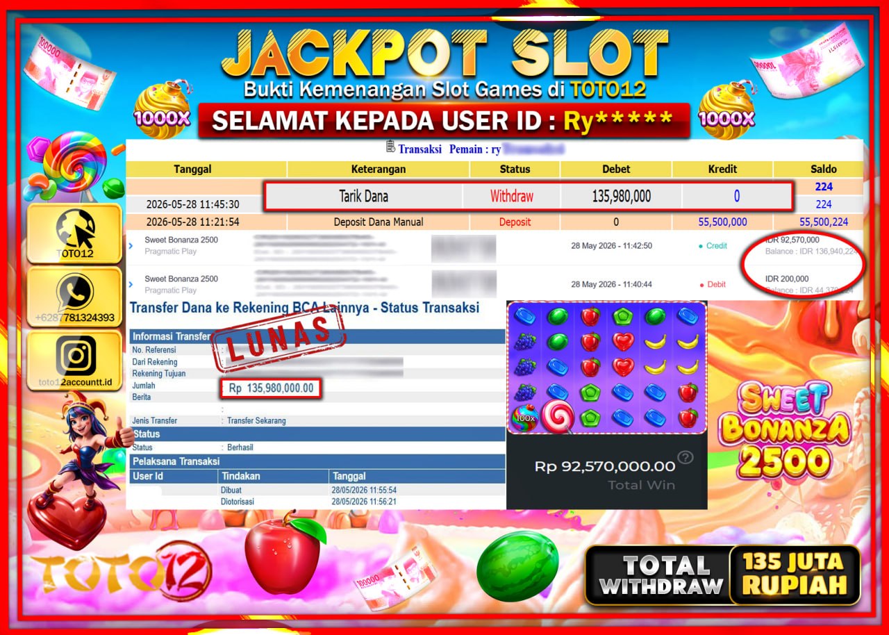 HANYA DI TOTO12 JP PASTI DI BAYAR LUNAS DAN CEPAT!!!!!! JACKPOT SLOT GAME (SWEET BONANZA 2500) Rp135.980.000!!!!