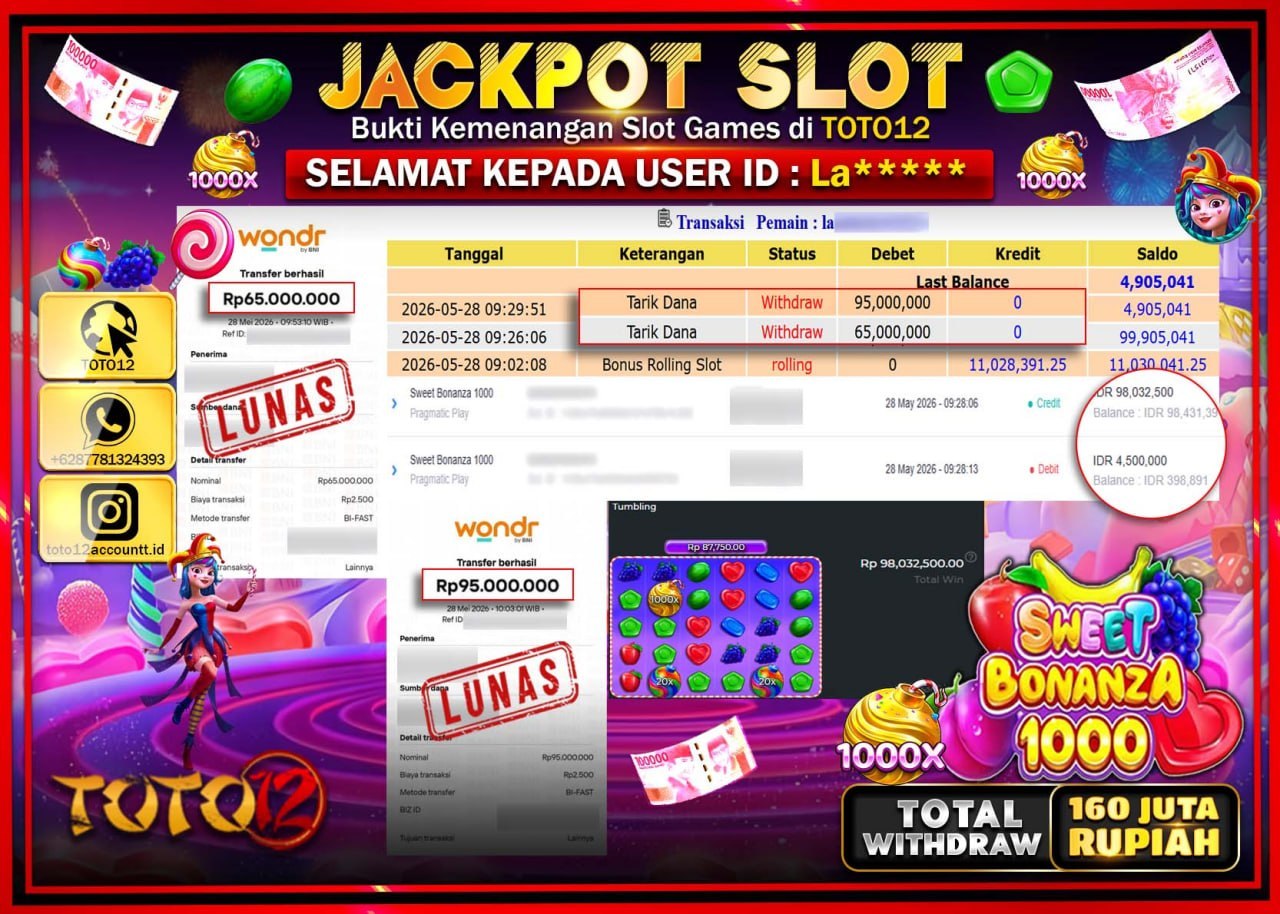 HANYA DI TOTO12 JP PASTI DI BAYAR LUNAS DAN CEPAT!!!!!! JACKPOT SLOT GAME (SWEET BONANZA 1000) Rp160.000.000!!!!