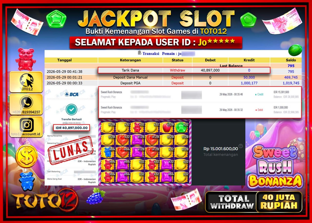HANYA DI TOTO12 JP PASTI DI BAYAR LUNAS DAN CEPAT!!!!!! JACKPOT SLOT GAME (SWEET RUSH BONANZA) Rp40.897.000!!!!