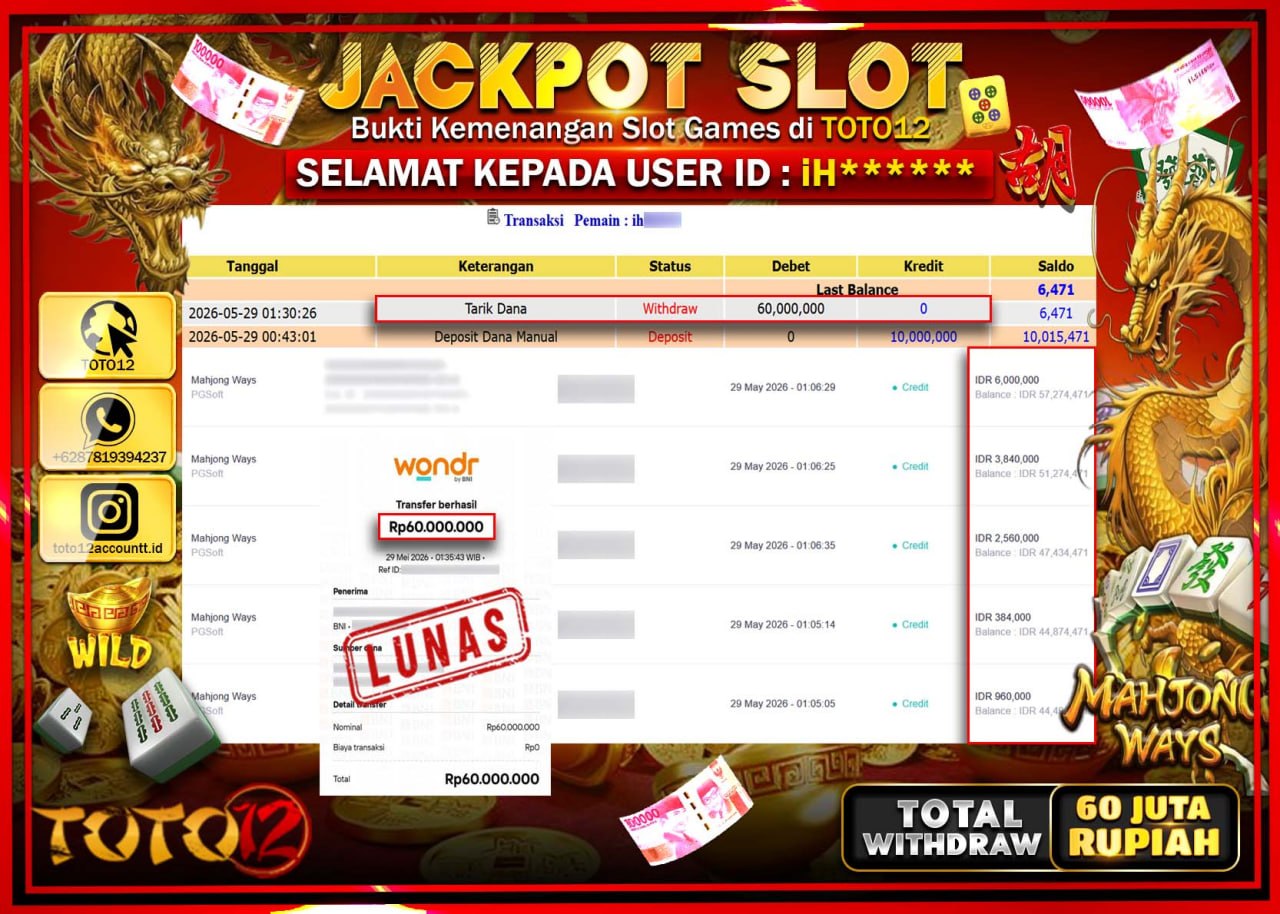 HANYA DI TOTO12 JP PASTI DI BAYAR LUNAS DAN CEPAT!!!!!! JACKPOT SLOT GAME (MAHJONG WAYS) Rp60.000.000!!!!