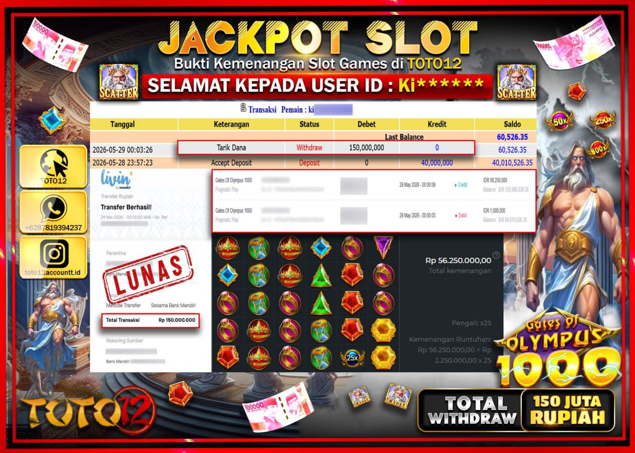 HANYA DI TOTO12 JP PASTI DI BAYAR LUNAS DAN CEPAT!!!!!! JACKPOT SLOT GAME (GATES OF OLYMPUS 1000) Rp150.000.000!!!!