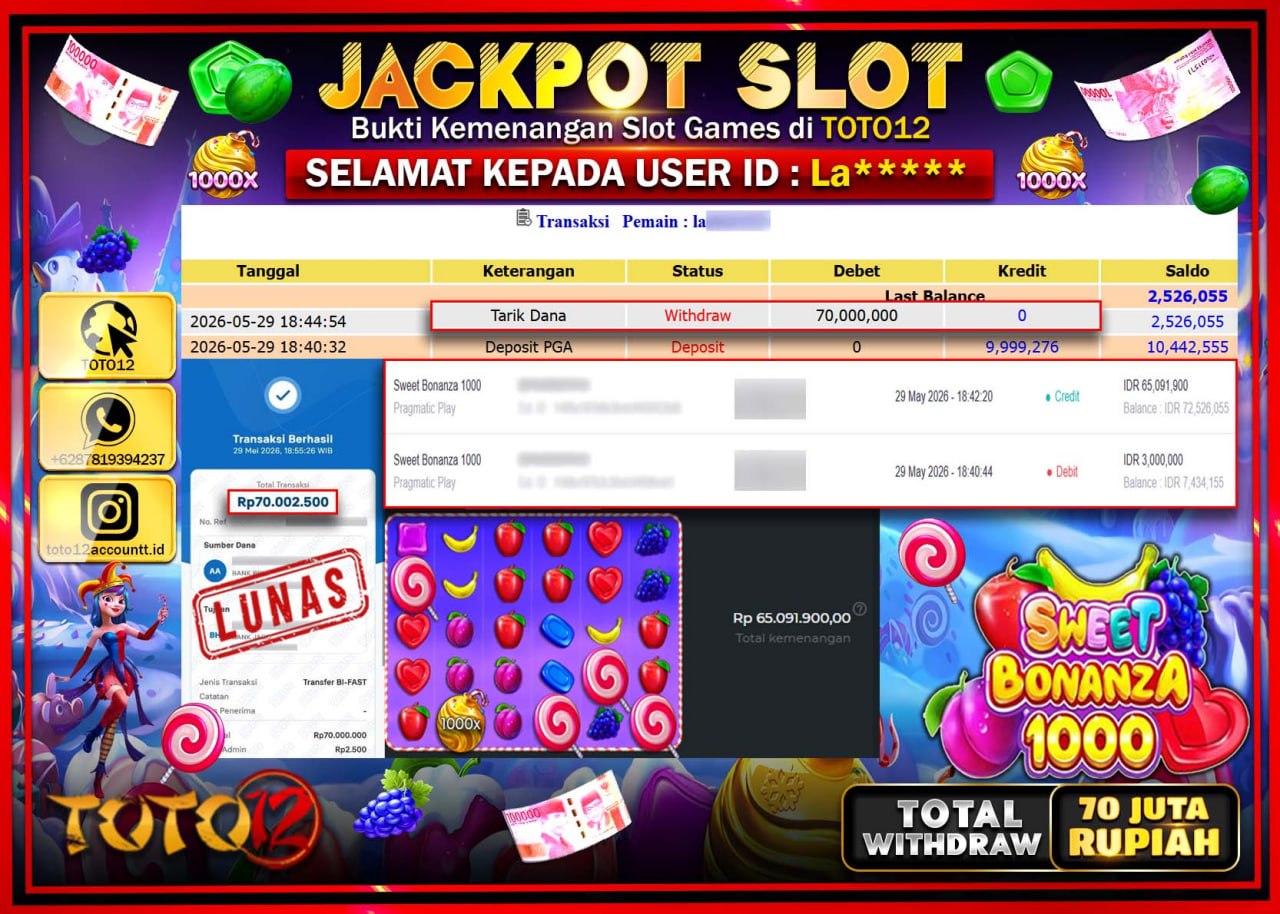 HANYA DI TOTO12 JP PASTI DI BAYAR LUNAS DAN CEPAT!!!!!! JACKPOT SLOT GAME (SWEET BONANZA 1000) Rp70.000.000!!!!