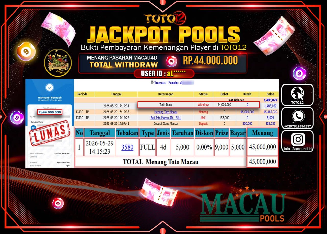 HANYA DI TOTO12 JP PASTI DI BAYAR LUNAS DAN CEPAT!!!!!! JACKPOT POOLS PASARAN (MACAU 4D) Rp44.000.000!!!!