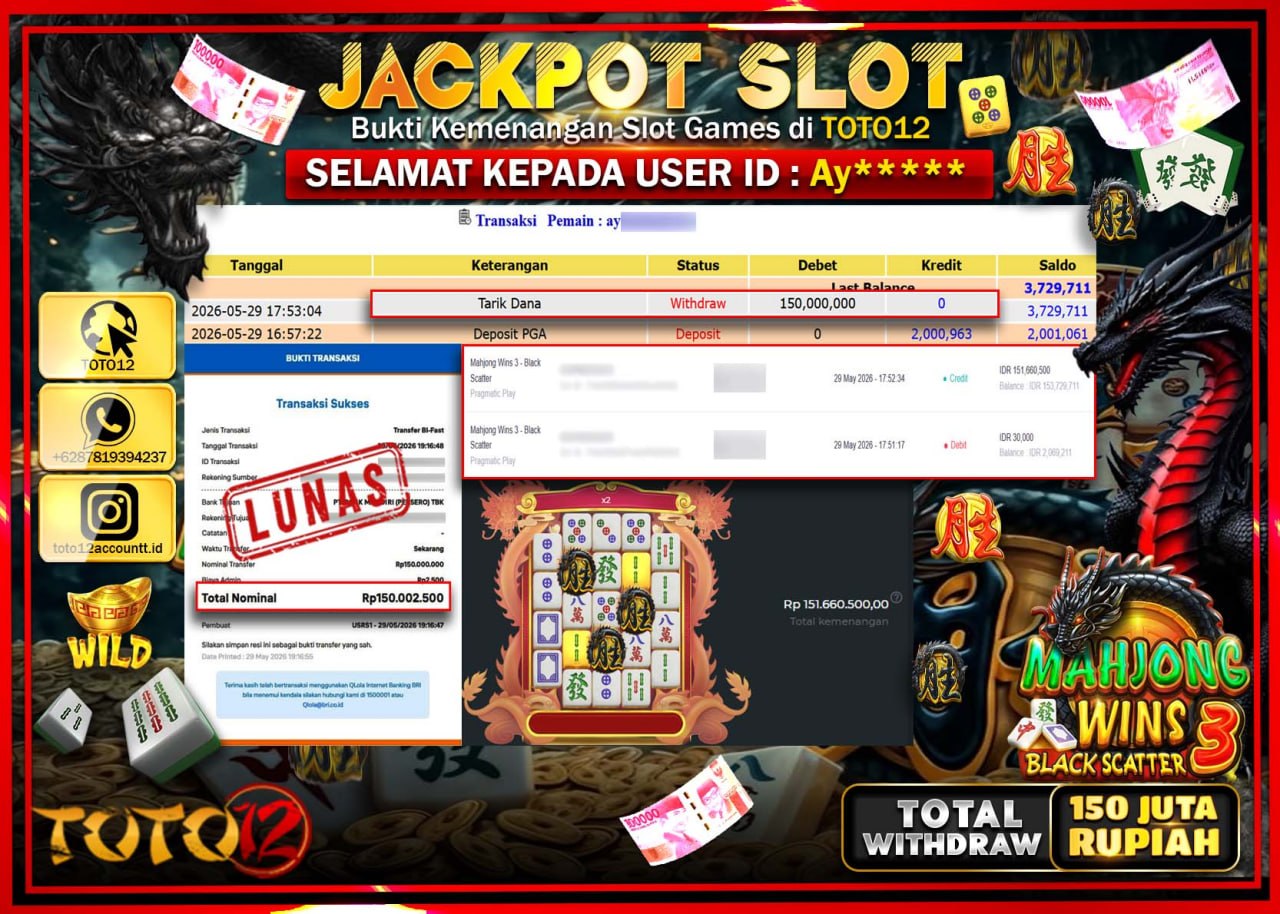 HANYA DI TOTO12 JP PASTI DI BAYAR LUNAS DAN CEPAT!!!!!! JACKPOT SLOT GAME (MAHJONG WINS 3 BLACK SCATTER) Rp150.000.000!!!!