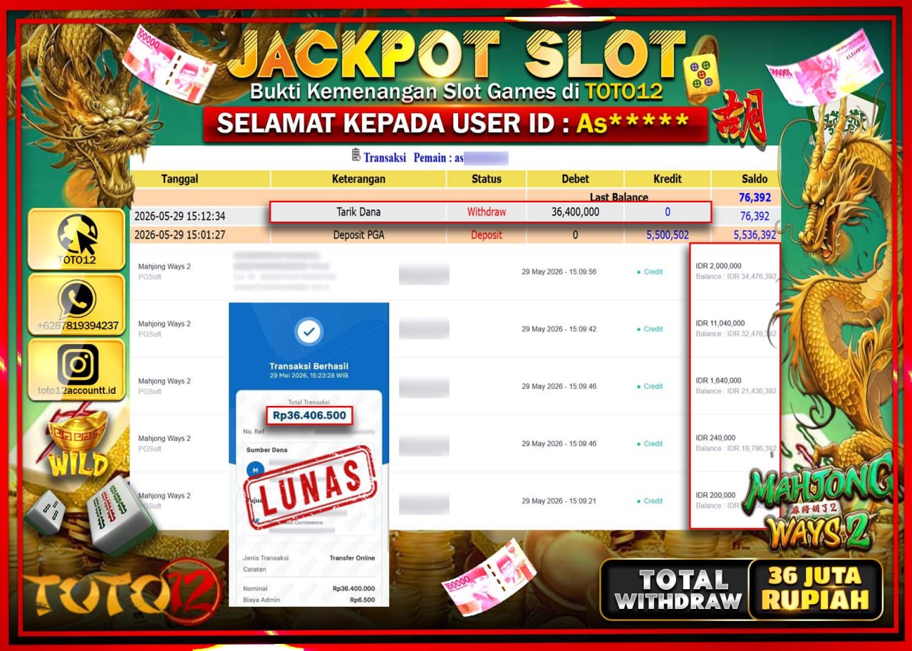 HANYA DI TOTO12 JP PASTI DI BAYAR LUNAS DAN CEPAT!!!!!! JACKPOT SLOT GAME (MAHJONG WAYS 2) Rp36.400.000!!!!