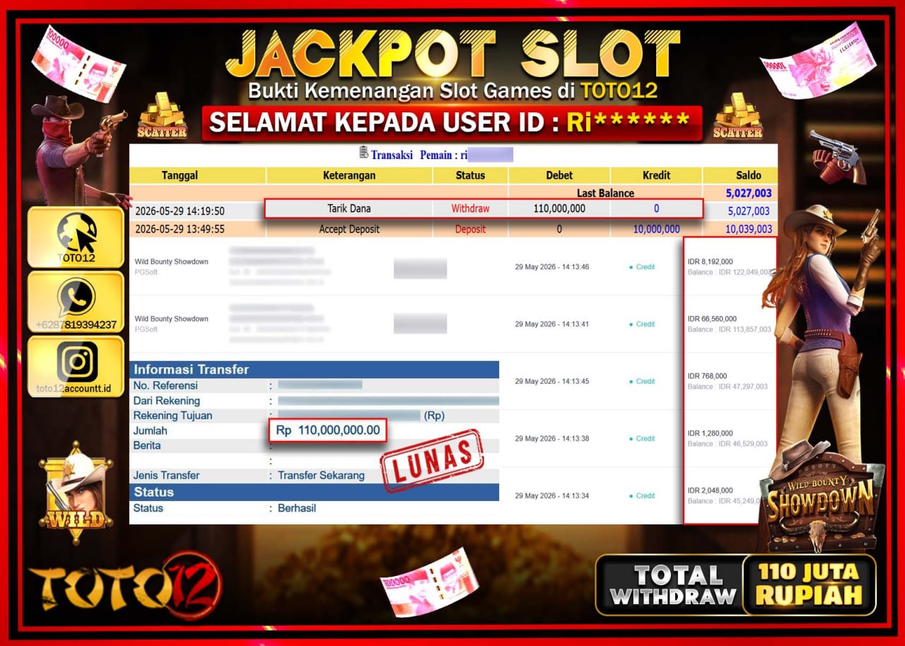 HANYA DI TOTO12 JP PASTI DI BAYAR LUNAS DAN CEPAT!!!!!! JACKPOT SLOT GAME (WILD BOUNTY SHOWDOWN) Rp110.000.000!!!!