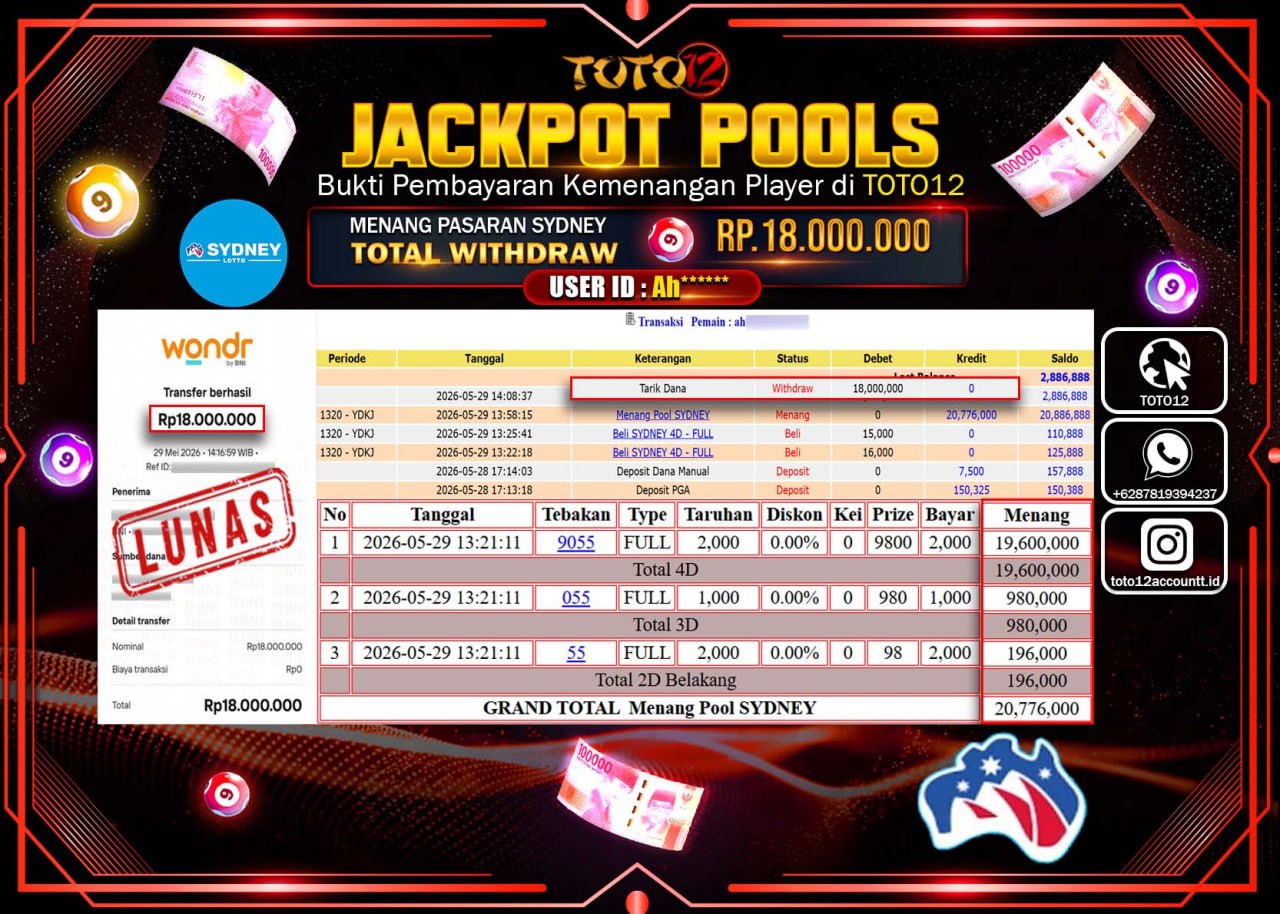HANYA DI TOTO12 JP PASTI DI BAYAR LUNAS DAN CEPAT!!!!!! JACKPOT POOLS PASARAN (SYDNEY) Rp18.000.000!!!!